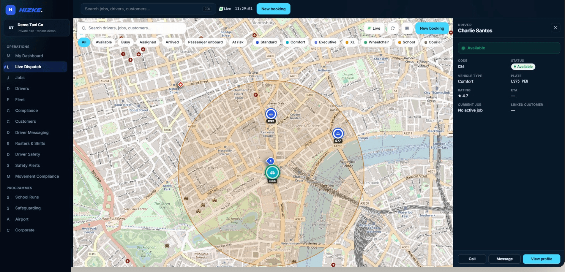The Hizke firm console's live dispatch board: a live map with driver markers, the active job list with statuses and fares, and booking controls.