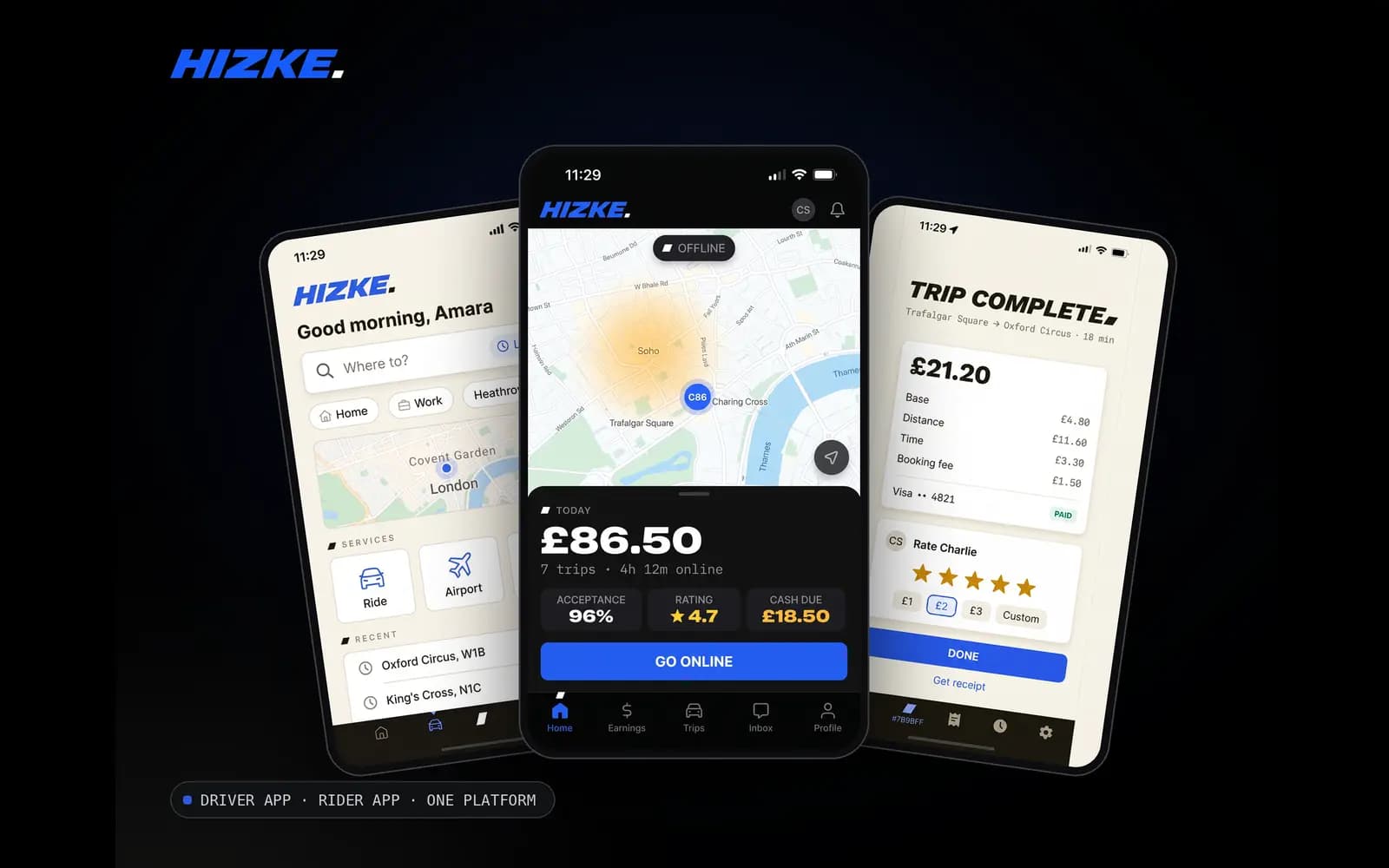 Three HIZKE mobile screens fanned out, the driver app front and centre with today's earnings and the Go online control.